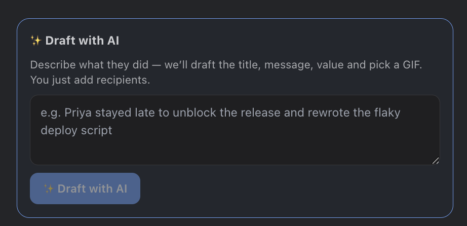 The Give recognition dialog with the Draft with AI panel above the card templates